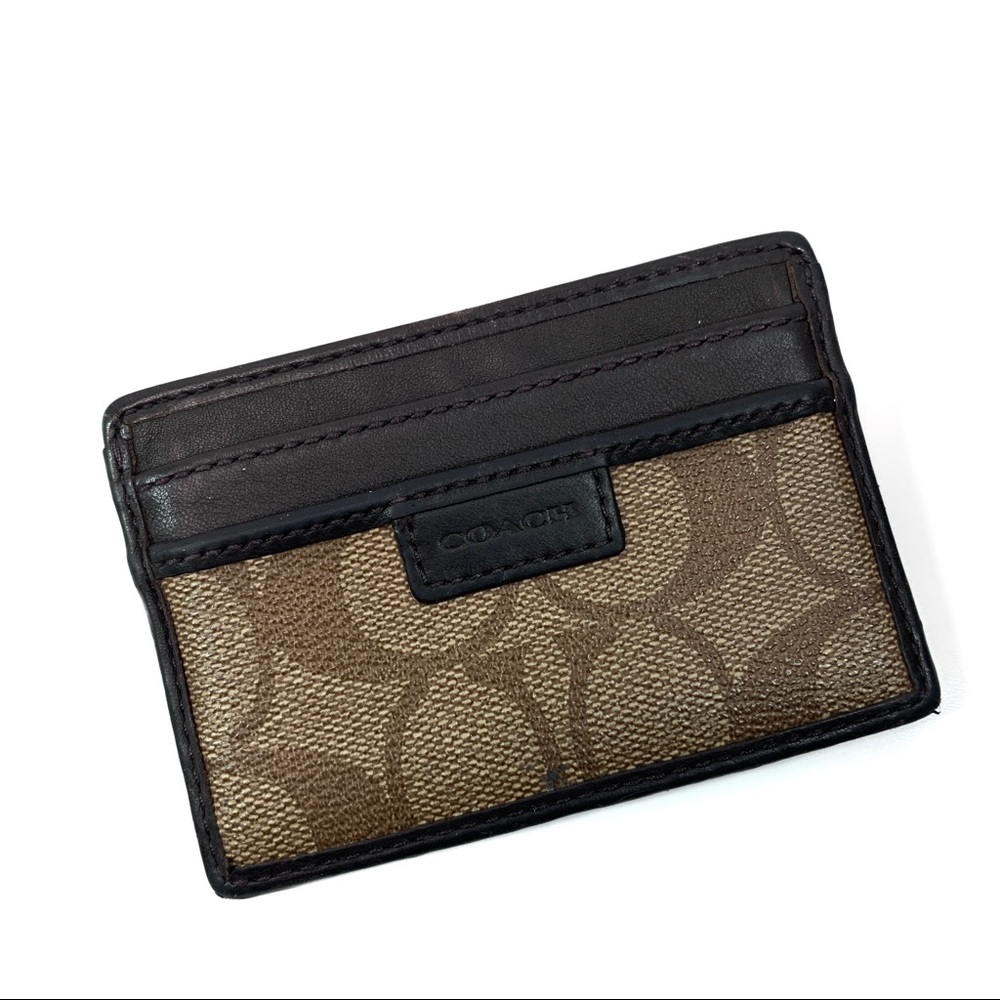 Coach brown leather and logo print card holder
